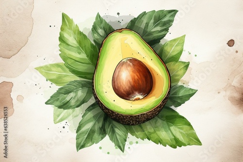 Avocado painted in watercolors on a circular background. Generative AI