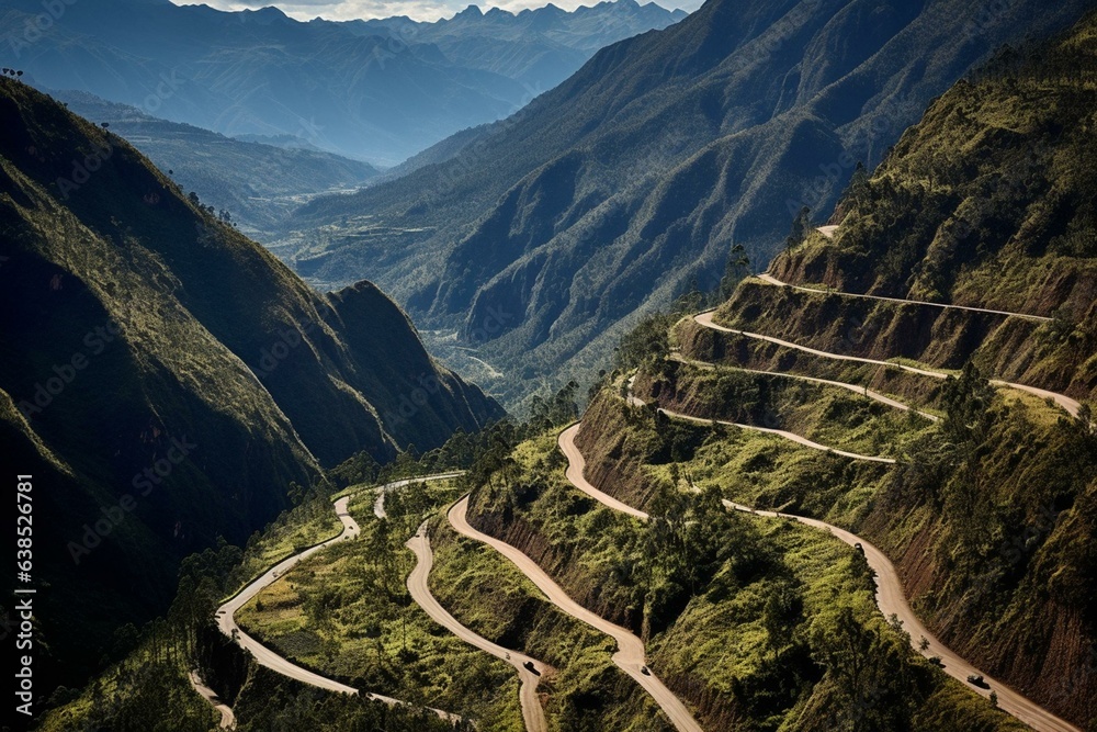 Incan road network connecting vast territories. Generative AI - obrazy, fototapety, plakaty 