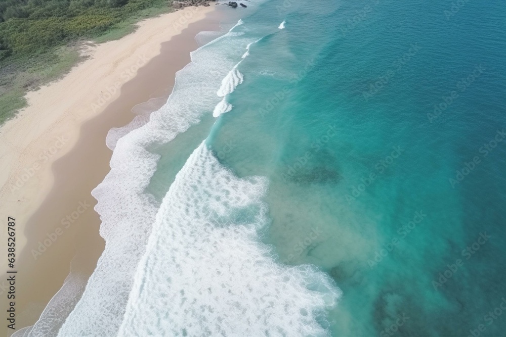 Aerial perspective of a beautiful turquoise beach with waves and the concept of travel. Generative AI
