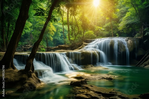 Majestic waterfall in lush rain forest with scenic landscape and vibrant spring background in Saraburi, Thailand. Generative AI
