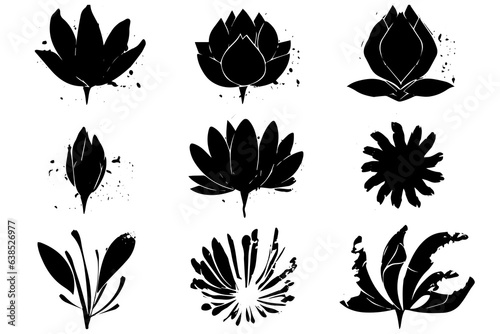 Set of lino cut grunge flower ink stamp. Pack of contemprorary texture elements. Vector illustration.