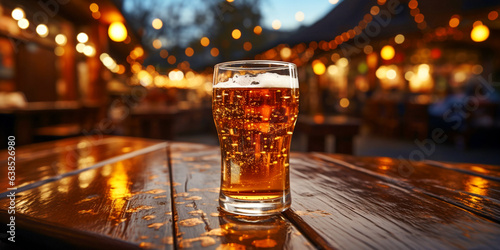 A steamed glass of fresh beer on a wooden table against the background of a street cafe and garland lights