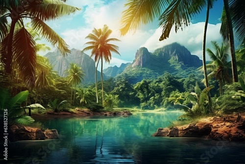 Stunning landscape showcasing a jungle  beach  and lagoon with palm trees and tropical flora  perfect for a background. Generative AI