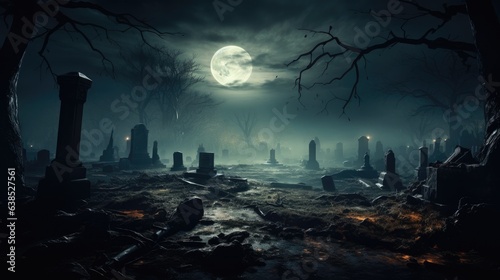 Halloween design graveyard. Spooky cemetery with tombs - copy space.