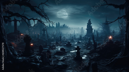 Halloween design graveyard. Spooky cemetery with tombs - copy space.