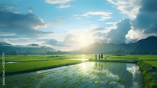 a family of three walking along the rice fields