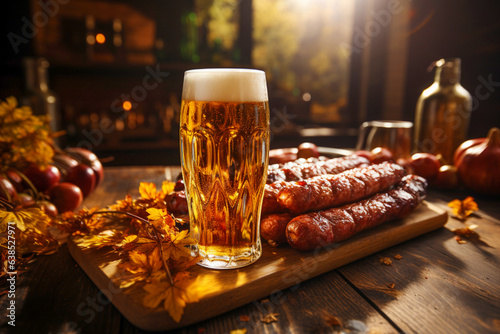 two glasses of steamed beer on a wooden table against the background of Bavarian sausages