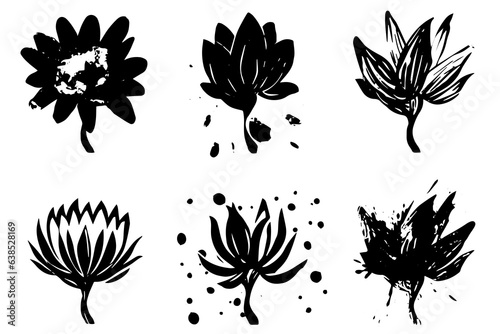 Set of lino cut grunge flower ink stamp. Pack of contemprorary texture elements. Vector illustration. photo