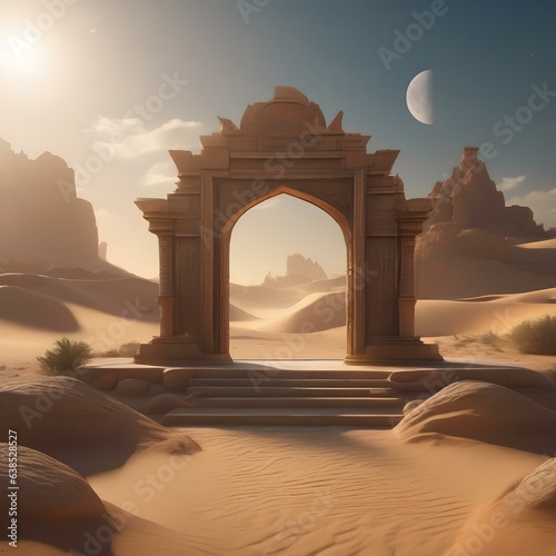 A mystical portal in the middle of a desert, leading to a realm of floating islands and ancient ruins4