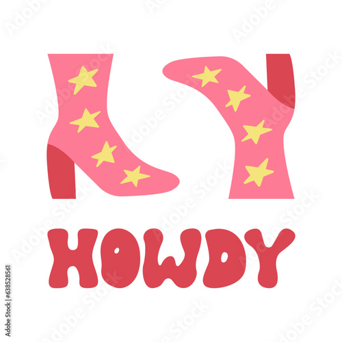 Howdy lettering and disco boots vector illustration. Groovy retro text in hippie 1970 style. Cowgirl boots with stars