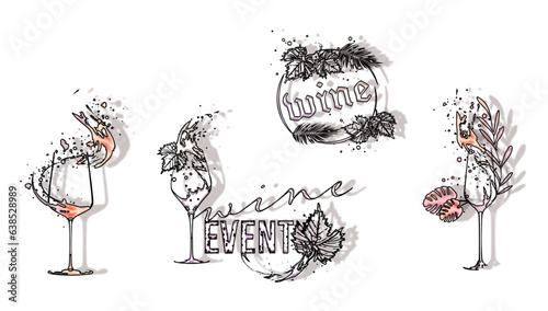 Colorful wine designs - Collection of wine glasses. Sketch vector illustration. Hand drawn elements for invitation cards, advertising banners and menus. Wine glasses with splashing wine. 