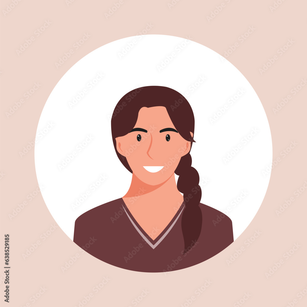 Circle the avatar with the portrait women of various races and hairstyles. Collection of user profiles. Round icon with happy smiling human. Colorful flat vector illustration.