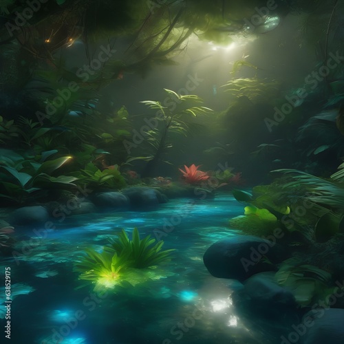 A bioluminescent jungle filled with exotic flora and fauna that emit a soft, ethereal glow3
