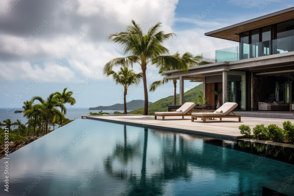 Fototapeta premium The beautiful infinity pool wraps around tbe corner of the villa