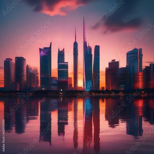 Vibrant cityscape at sunset, with futuristic skyscrapers and neon lights reflecting on the water1