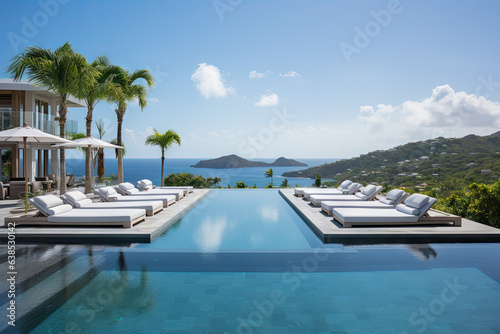 The beautiful infinity pool wraps around tbe corner of the villa