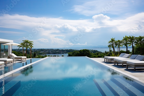 The beautiful infinity pool wraps around tbe corner of the villa