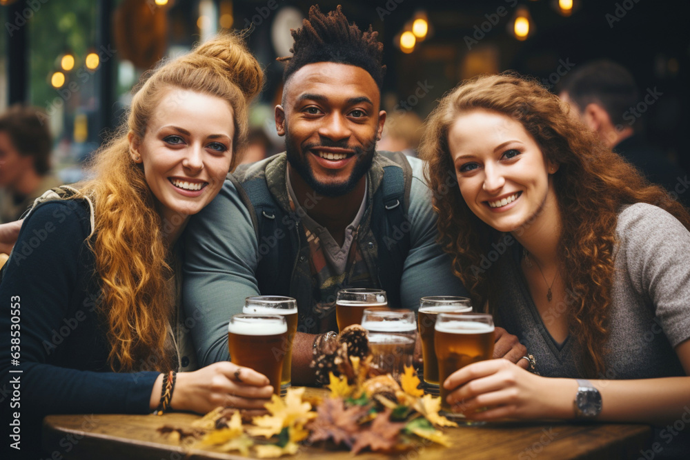 A group of happy, smiling young friends are drinking beer in a street bar-restaurant, having fun and chatting.