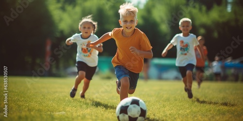 Football soccer training for kids, children football training scene, boys happily chasing the football on grass field.