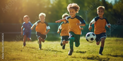 Football soccer training for kids, children football training scene, boys happily chasing the football on grass field. photo