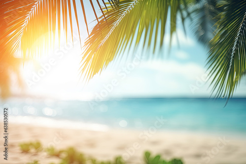 Abstract blur defocused background, nature of tropical summer beach with rays of sun light