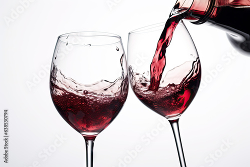 Red wine being elegantly poured from a bottle into two glasses