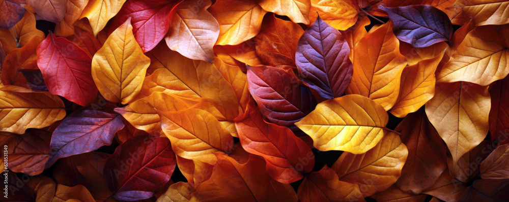 Autumn Leaves: Reds, oranges, and browns blended like falling autumn leaves. Abstract background. Wide format.