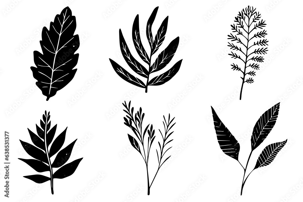 Set of lino cut vector stamp black leaves and branch imprints on white background. Hand drawn floral elements. Set of lino cut vector stamp black leaves and branch imprints on white background. Hand drawn floral elements.