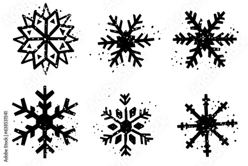 Grunge lino cut snowflakes stamps collection pack. Distressed textures set. Blank geometric shapes. Vector Illustration.