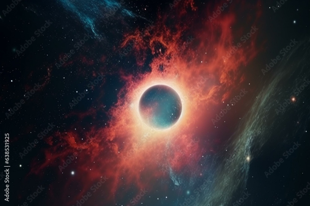 Abstract space wallpaper with a black hole, nebula, colorful stars, and cloud fields in outer space. Generative AI