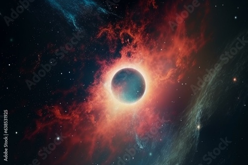 Abstract space wallpaper with a black hole, nebula, colorful stars, and cloud fields in outer space. Generative AI
