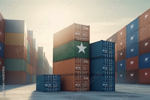 3D rendering of cargo containers and boxes with Indian goods depicting national economy. Generative AI