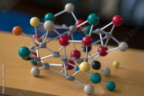 A detailed view of a molecular model. Signifies the fundamentals of science and medicine with atoms and molecules. Generative AI