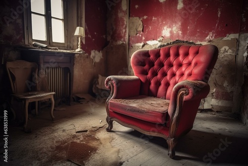 Red leather armchair in a neglected old room. Generative AI