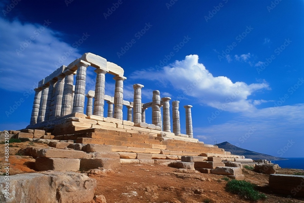 Ruins of Poseidon's temple at Sounion in Greece. Generative AI