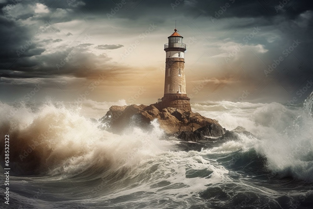 Lighthouse amidst turbulent scenery, depicting climate crisis. Digital artwork. Generative AI