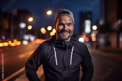 Portrait of a smiling young man running in the city at night
