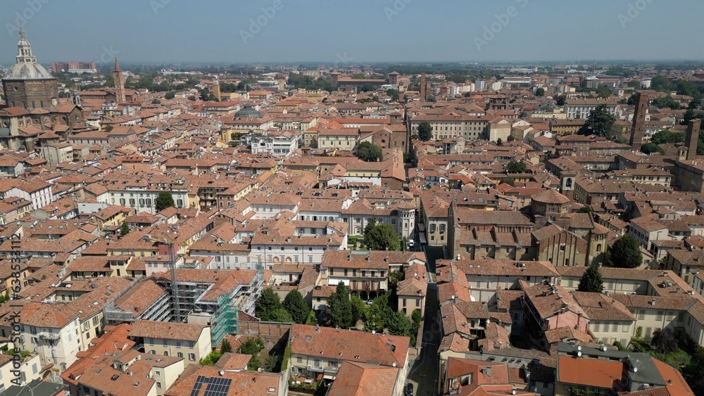 Europe, Italy , Pavia - Drone aerial view of Pavia City in Lombardy with Duomo cathedral church  Santo Stefano e Santa Maria Assunta in downtown 