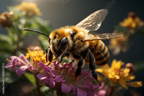 a stunning bee is flying flower AI generative © Phanuwhat