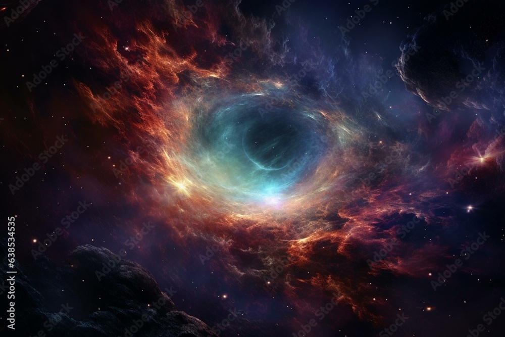 A luminous nebula surrounded by stars on a surreal galactic scenery. Generative AI