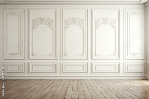 A classic wall made of white wooden panels. The background showcases an interior joinery design. Generative AI