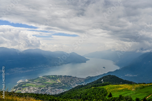 Cimetta, Hausberg, Cardada, Locarno, Maggia, Fluss, Flussdelta Lago Maggiore, See, Maggia-Delta, Mündung, Flussmündung, Ascona, Aussicht, Brissago, Inseln, Sommer, Tessin, Schweiz