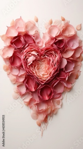 Botanical Elegance. Rose petals in the shape of a heart are delicately placed on a neutral background. Valintines day romantic composition photo