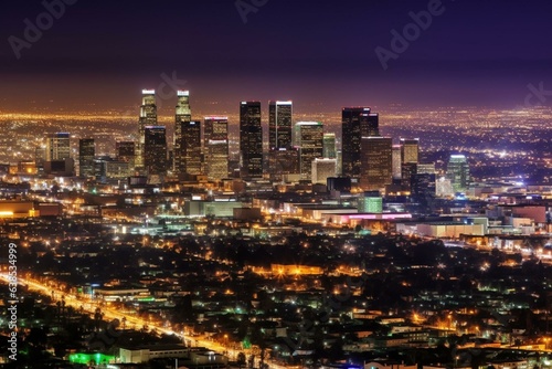 Vibrant LA cityscape lit up at night. Generative AI