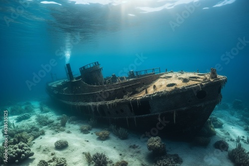 Shipwreck lying at the bottom of the ocean. Generative AI © Mason