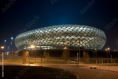 A night scene featuring a brilliantly illuminated soccer stadium. Generative AI