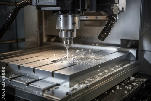 Cutting metal parts with accuracy using advanced CNC machine in a contemporary factory. Generative AI