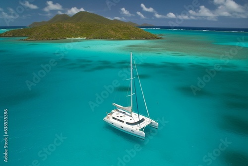 A luxurious catamaran and paradise seen from above. Generative AI