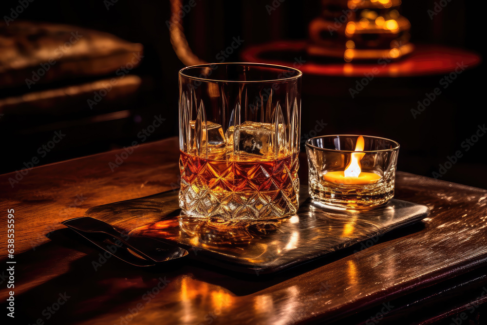 Glass of whiskey with ice on a wooden table in a bar Glass of whiskey with ice on a wooden table in a bar