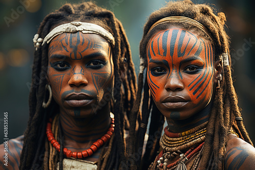 Portrait of an African man and woman with traditionally painted faces and jewelry from an African tribe.